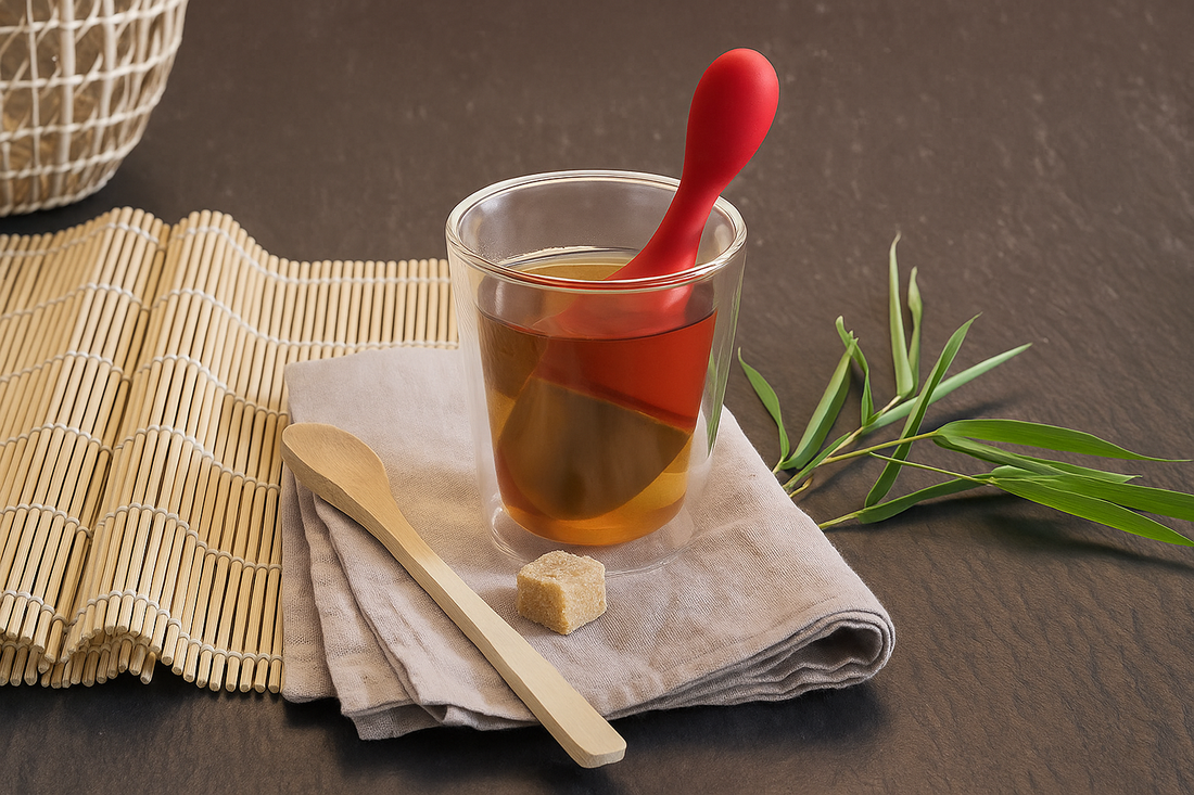 Infusion en tasse avec un infuseur à thé rouge en silicone, posée sur un linge en lin.