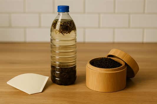 Du thé infiltre dans une bouteille posé au milieu d'une boîte à thé et d'un filtre à café.