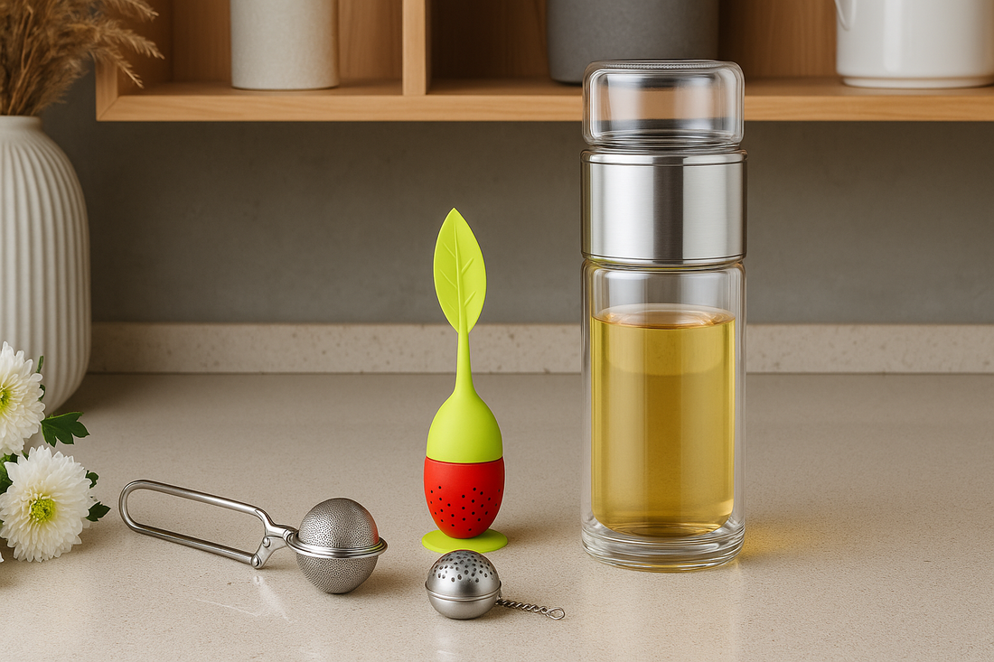 Bouteille en verre remplie de thé posée à côté de trois infuseurs à thé différents sur un plan de travail.