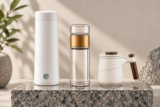 Bouteille infuseur, mug infuseur et thermos à thé côte à côte