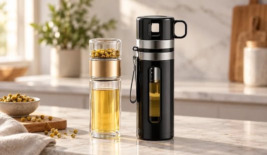 Bouteille infuseur en verre et bouteille infuseur en inox côte à côte