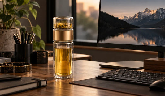 Bouteille infuseur à thé posée sur un bureau à côté d'un clavier