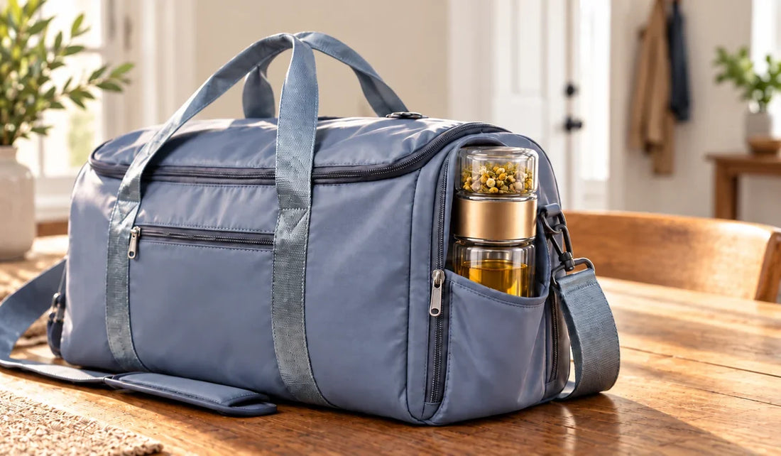 Bouteille infuseur à thé glissée dans un sac de voyage