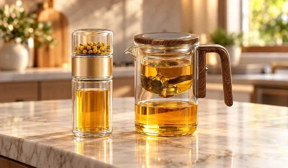 Théière en verre à côté d'une bouteille infuseur à thé nomade